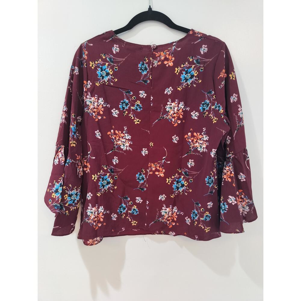 Passport Women’s XL Burgundy Floral Blouse Long Sleeve Ruffle Cuff Top - Picture 4 of 8
